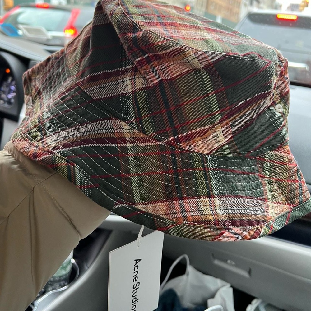 Acne Studios checkered greens and red bucket hat